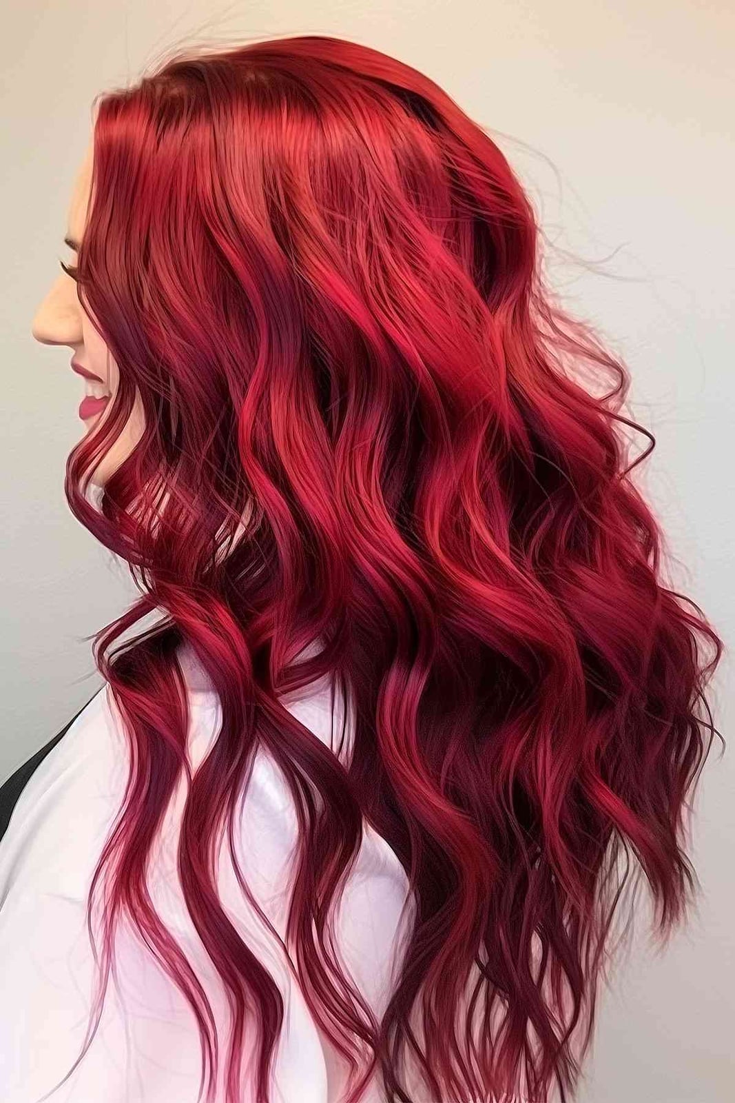 Mid-Back Bright Red With Curtain Bangs — Classy Bright Red Hair