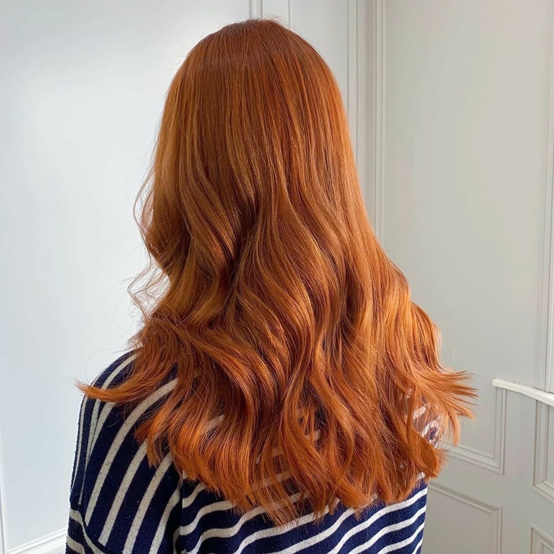Mid-Back Bright Copper Waves, Wavy — Classy Bright Red Hair