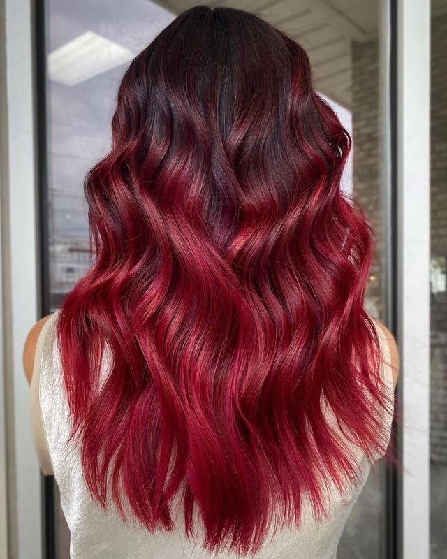 Mid-Back Ombre Dark To Bright Red — Classy Bright Red Hair