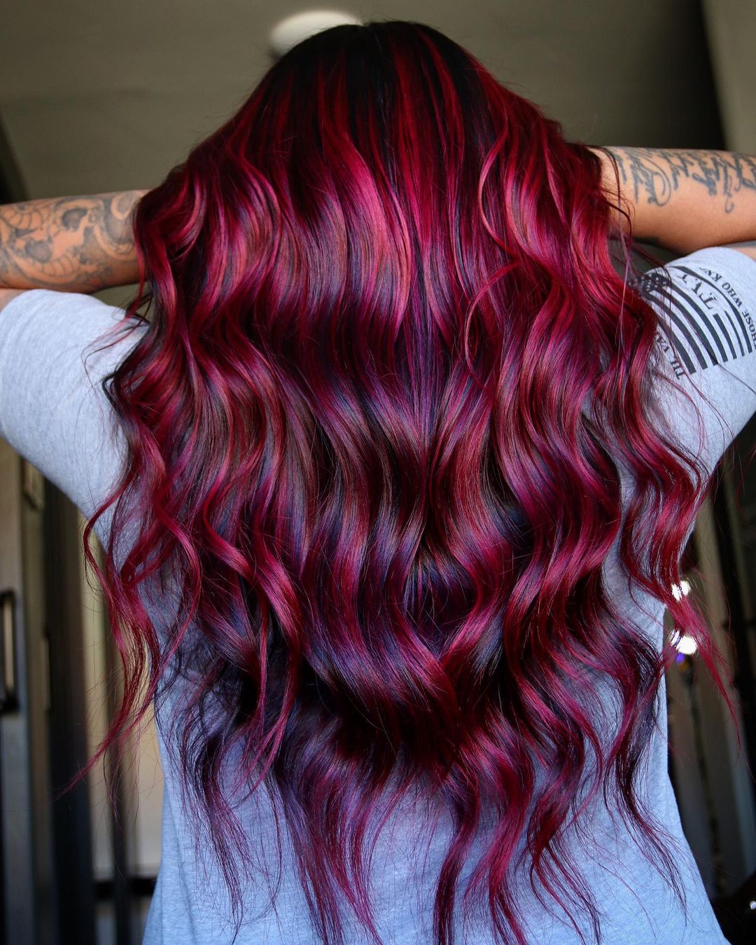 Mid-Back Dark Base With Pink-Red Tones — Classy Bright Red Hair