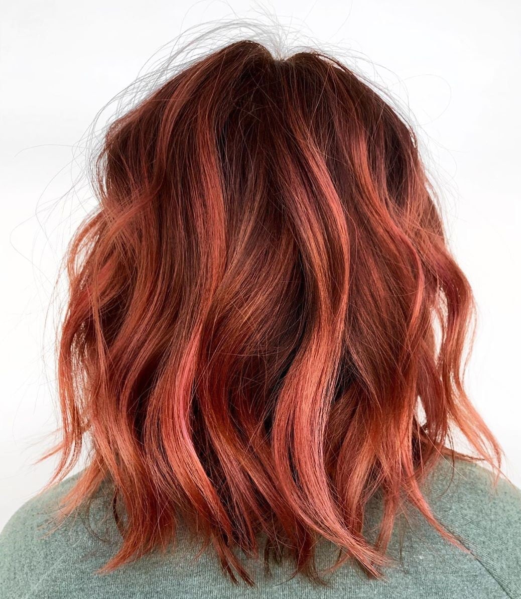 Collarbone Lob Dark To Bright Red Highlights, Wavy — Classy Bright Red Hair