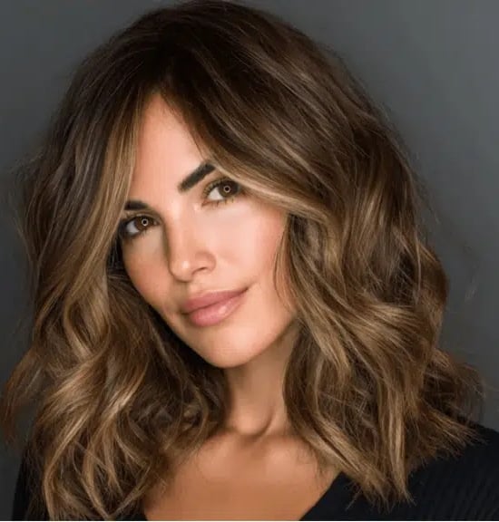 Bronde Balayage Lob With Soft Curtain Bangs — Classy Bronde Balayage