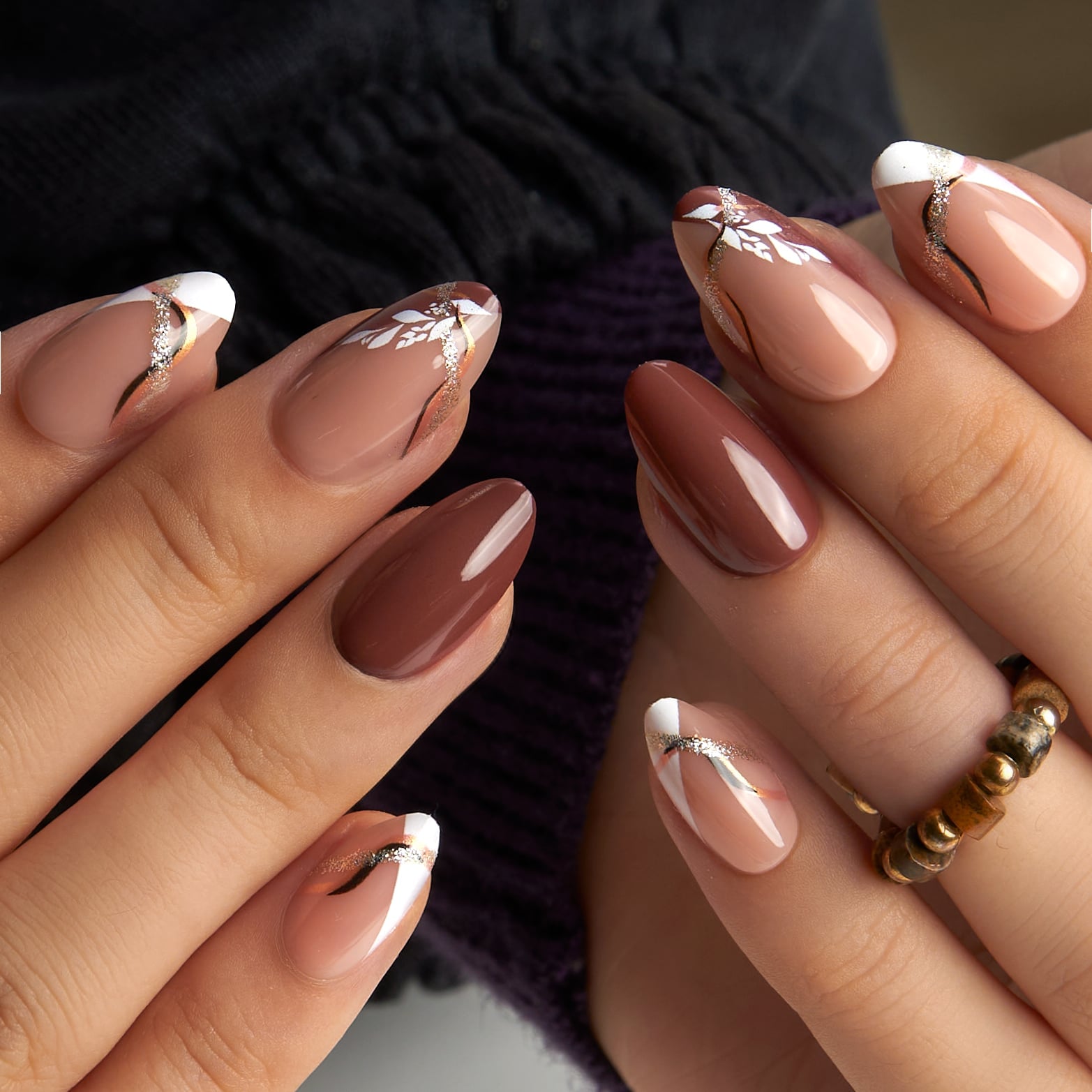 Medium Almond Nails with White French Tip and Gold Foil Medium Almond Nails with White French Tip and Gold Foil — Classy Brown Almond Nails