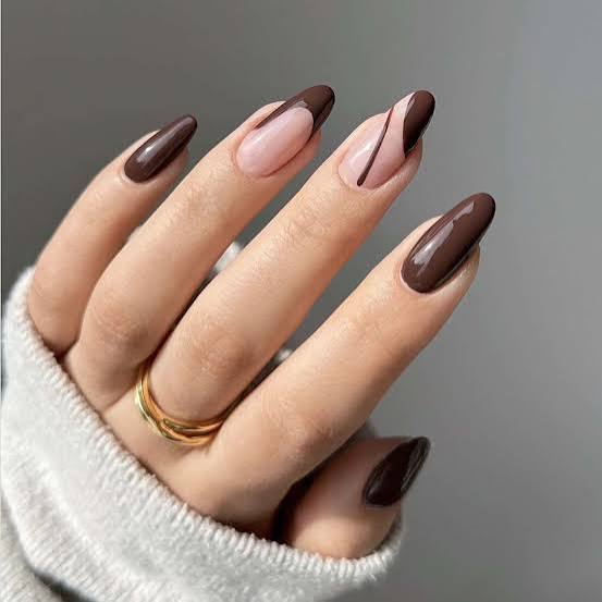 Medium Almond French Design with Brown Line Medium Almond French Design with Brown Line — Classy Brown Almond Nails