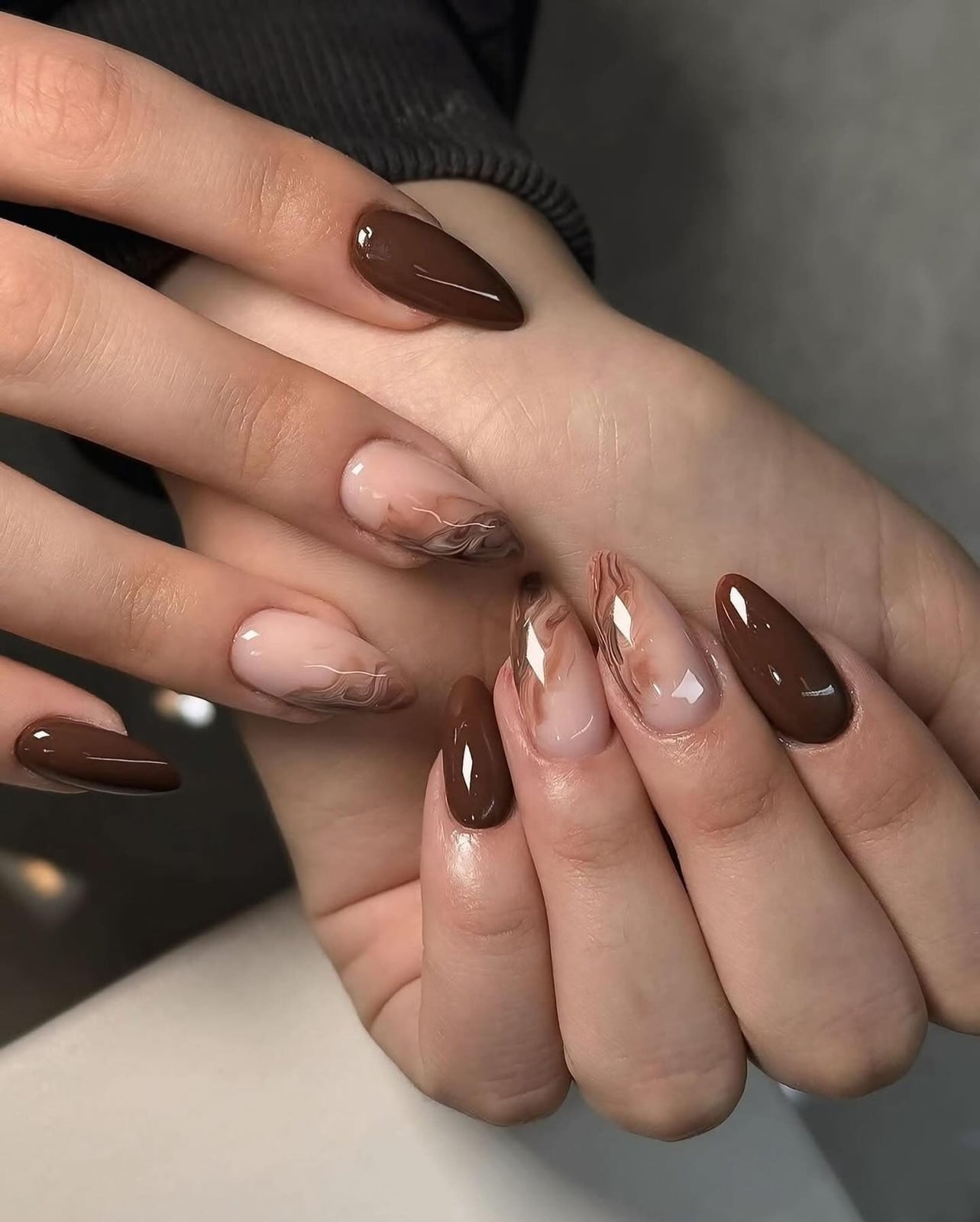 Long Almond Nails with Swirling Marble Effect Long Almond Nails with Swirling Marble Effect — Classy Brown Almond Nails