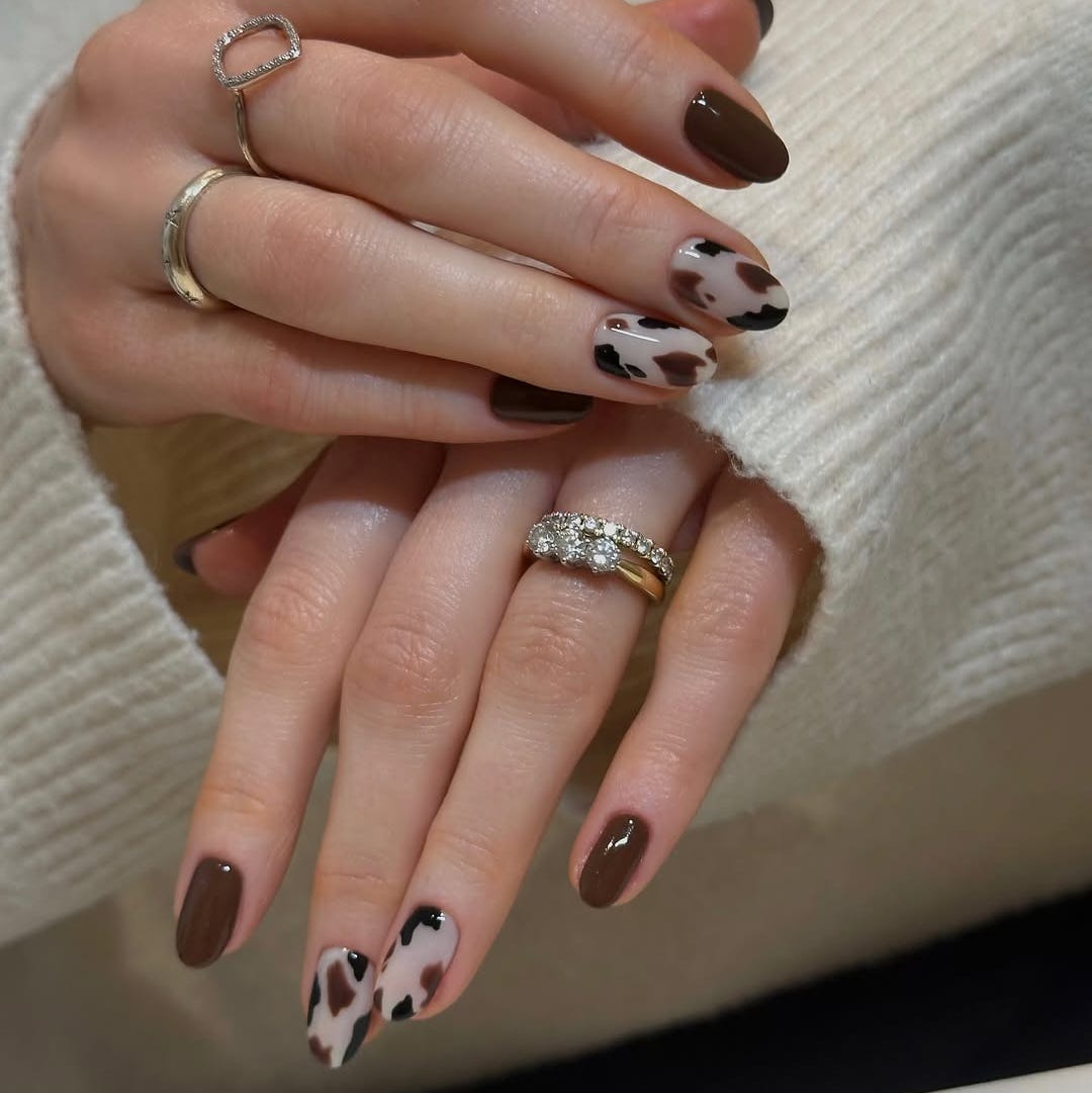 Short Almond Nails with Cow Print Art Short Almond Nails with Cow Print Art — Classy Brown Almond Nails