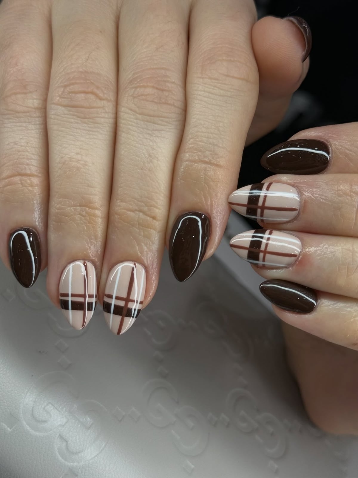 Dark Brown and Plaid Medium Almond Nails Dark Brown and Plaid Medium Almond Nails — Classy Brown Almond Nails