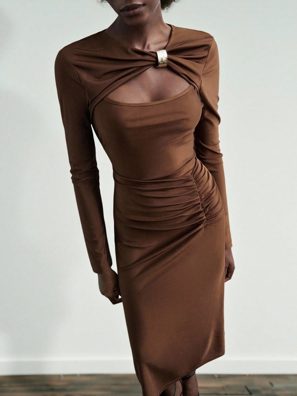 Fitted Long Sleeve Dress With Neckline Cutout Fitted Long Sleeve Dress With Neckline Cutout — Classy Brown Dress