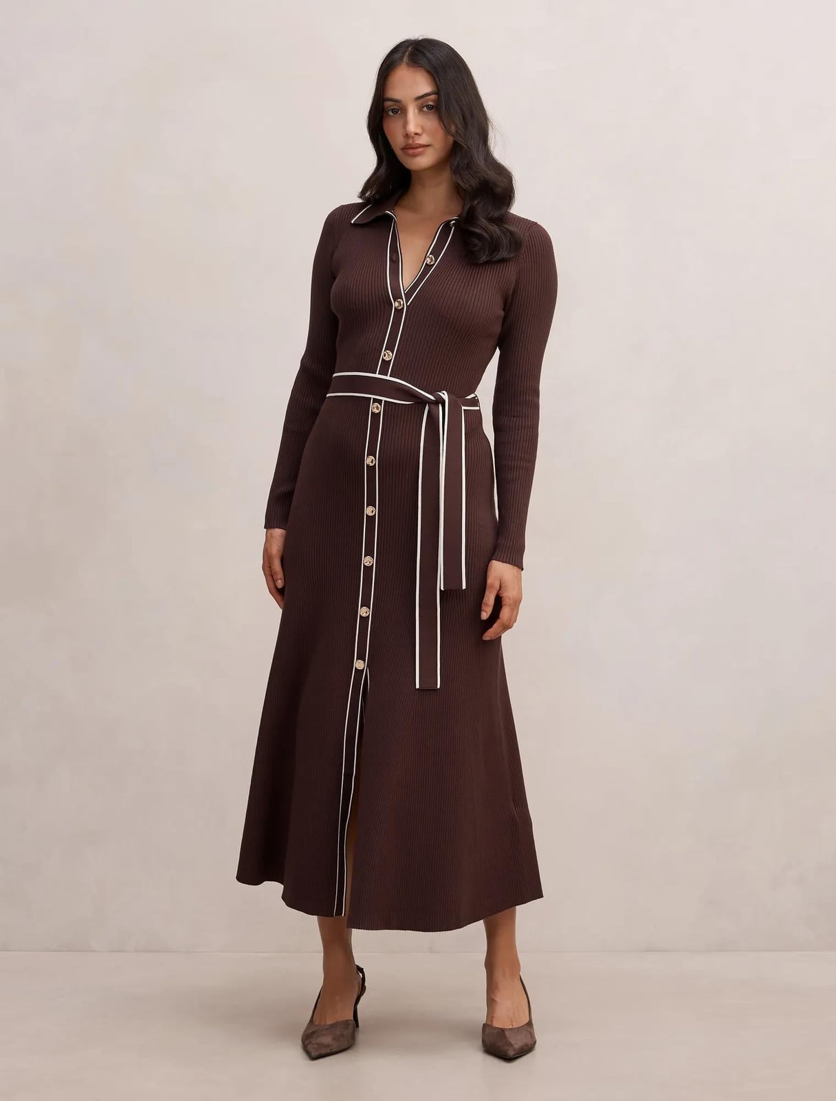 Ribbed Knit Midi Dress With Contrast Trim Ribbed Knit Midi Dress With Contrast Trim — Classy Brown Dress