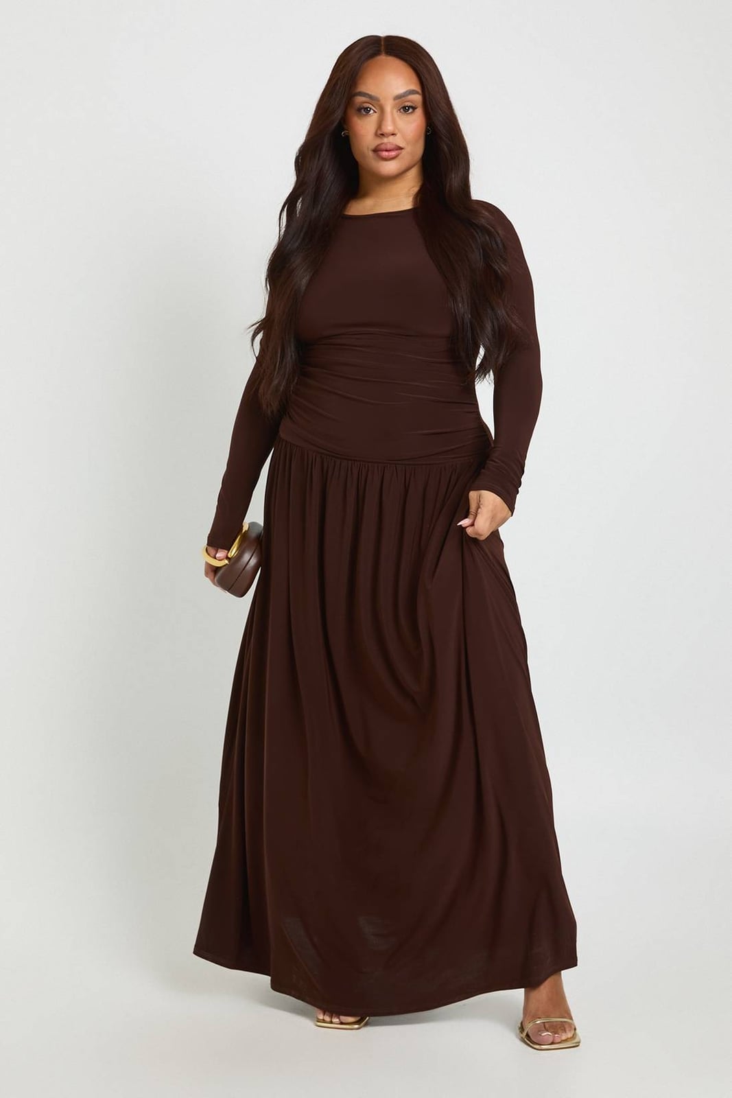 Ruched Waist Long Sleeve Maxi Dress Ruched Waist Long Sleeve Maxi Dress — Classy Brown Dress
