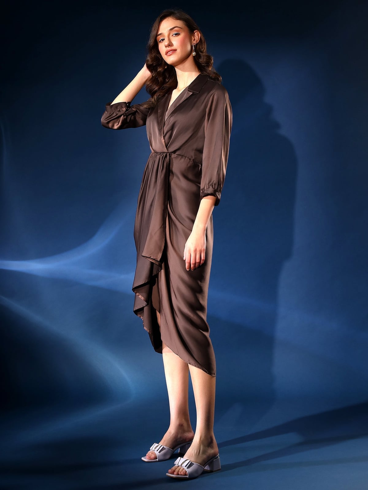 Satin Wrap Midi Dress With Tie Waist Satin Wrap Midi Dress With Tie Waist — Classy Brown Dress