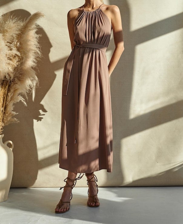 Taupe Crepe Midi Dress With Halter Neck Taupe Crepe Midi Dress With Halter Neck — Classy Brown Dress