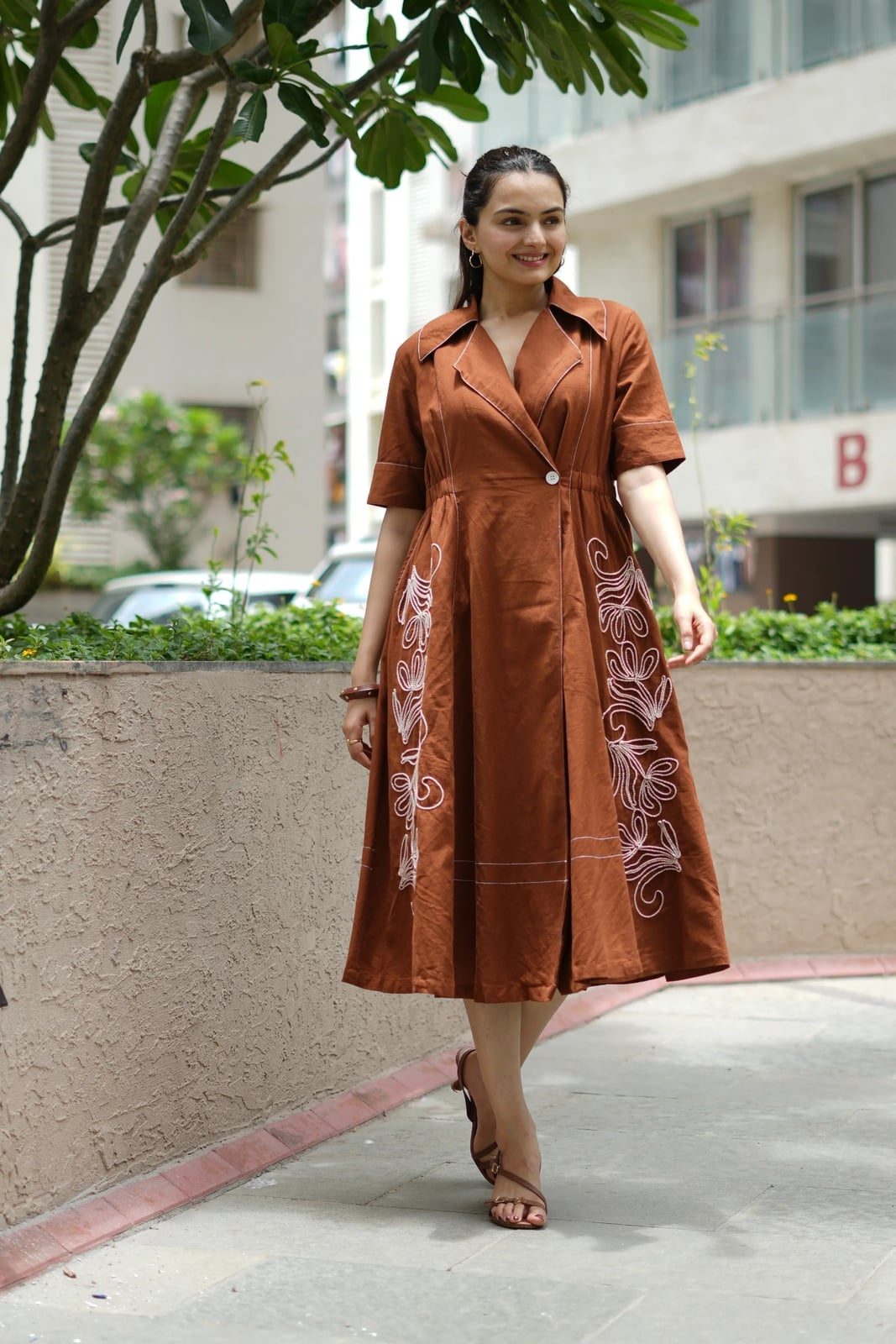 Collared Cotton Midi Dress With Embroidery Collared Cotton Midi Dress With Embroidery — Classy Brown Dress