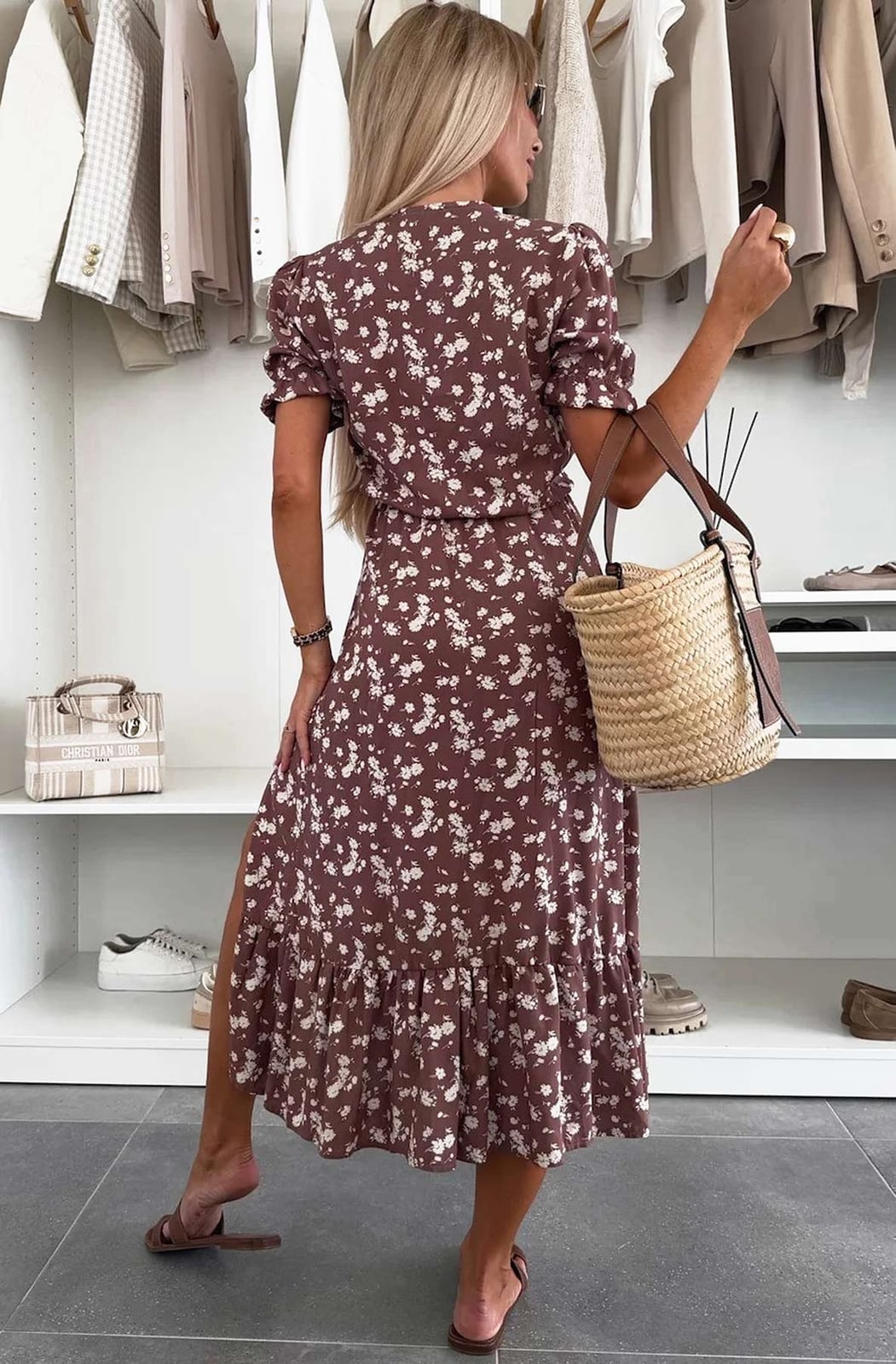 Floral Print Midi Dress With Puff Sleeves Floral Print Midi Dress With Puff Sleeves — Classy Brown Dress