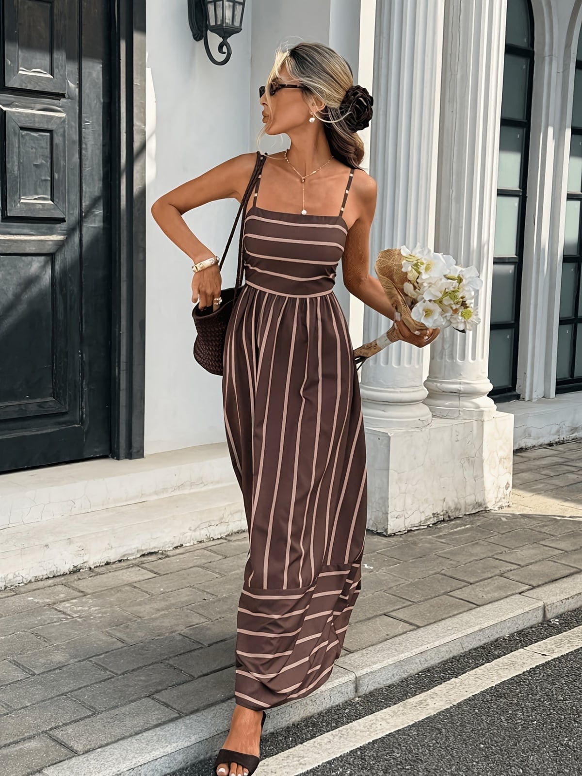 Linen Maxi Slip Dress With Stripes Linen Maxi Slip Dress With Stripes — Classy Brown Dress