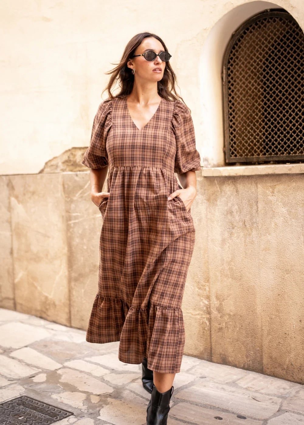Plaid Midi Dress With Puff Sleeves Plaid Midi Dress With Puff Sleeves — Classy Brown Dress