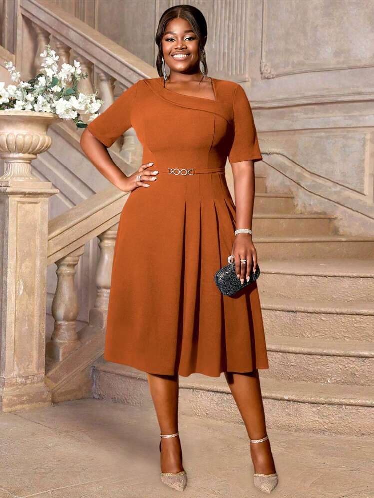 Asymmetric Neckline Midi Dress Asymmetric Neckline Midi Dress — Classy Brown Dress