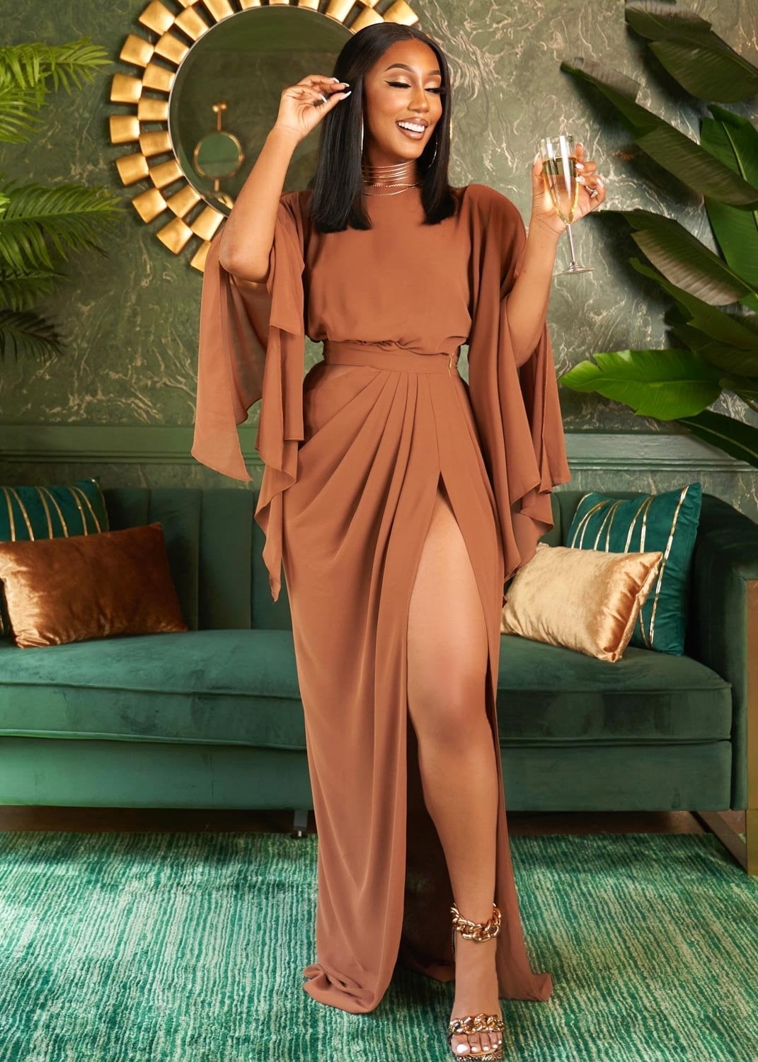 Chiffon Maxi Dress With Flowing Sleeves Chiffon Maxi Dress With Flowing Sleeves — Classy Brown Dress