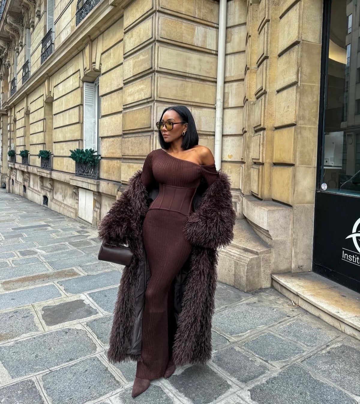 Ribbed Knit Dress With Faux Fur Coat Ribbed Knit Dress With Faux Fur Coat — Classy Brown Dress