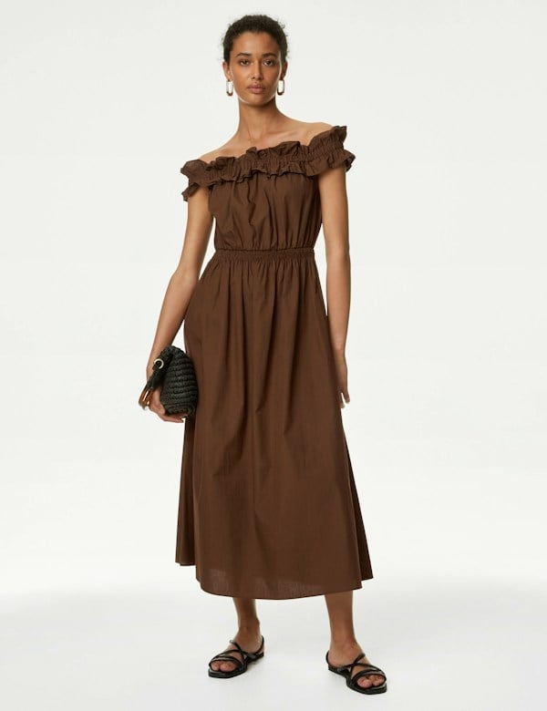 Off-The-Shoulder Cotton Midi Dress Off-The-Shoulder Cotton Midi Dress — Classy Brown Dress