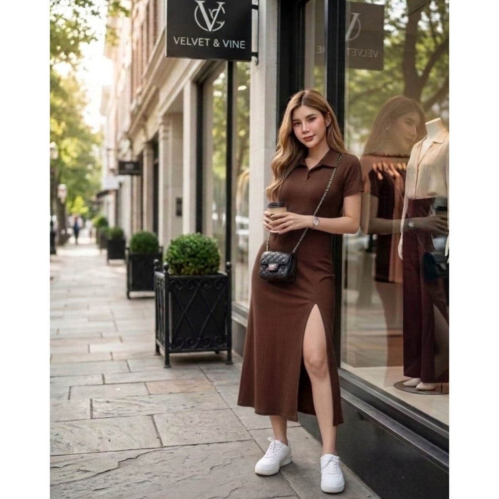 Ribbed Knit Polo Dress With High Slit Ribbed Knit Polo Dress With High Slit — Classy Brown Dress