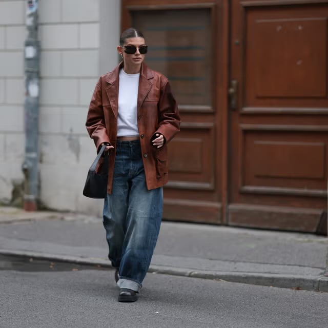 Brown Leather Blazer White T Shirt Wide Leg Jeans — Classy Brown Leather Jacket Outfit