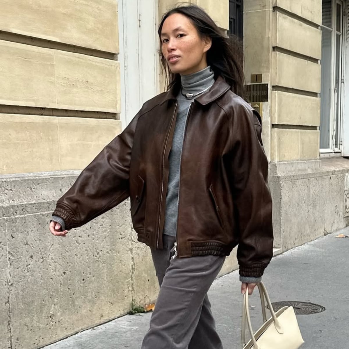 Brown Bomber Jacket Grey Turtleneck Grey Trousers — Classy Brown Leather Jacket Outfit