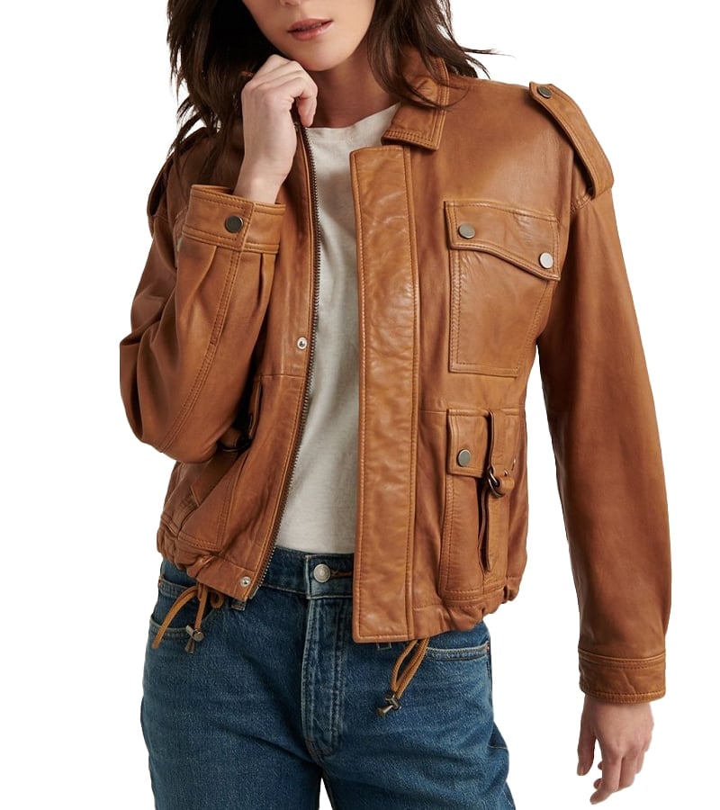 Cropped Brown Leather Jacket Drawstring Waist — Classy Brown Leather Jacket Outfit