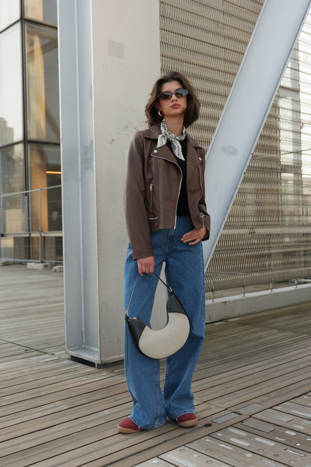 Oversized Brown Leather Jacket Red Sneakers — Classy Brown Leather Jacket Outfit