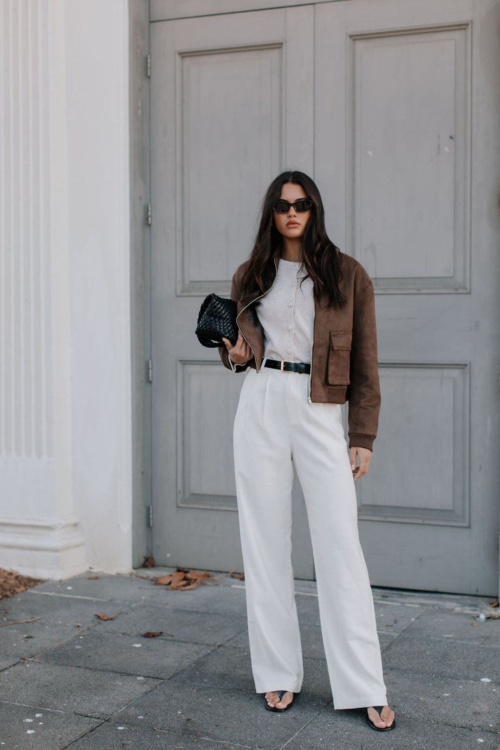 Cropped Brown Suede Jacket With Wide Leg Trousers — Classy Brown Leather Jacket Outfit
