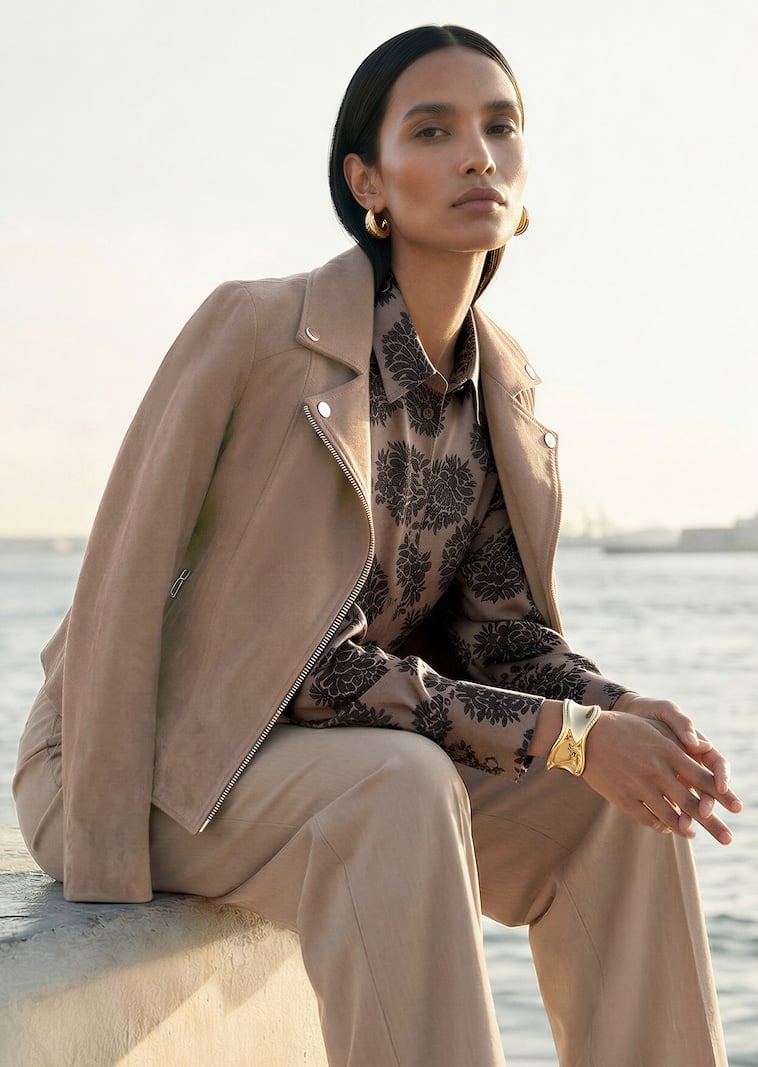 Beige Suede Jacket Brown Floral Blouse — Classy Brown Leather Jacket Outfit