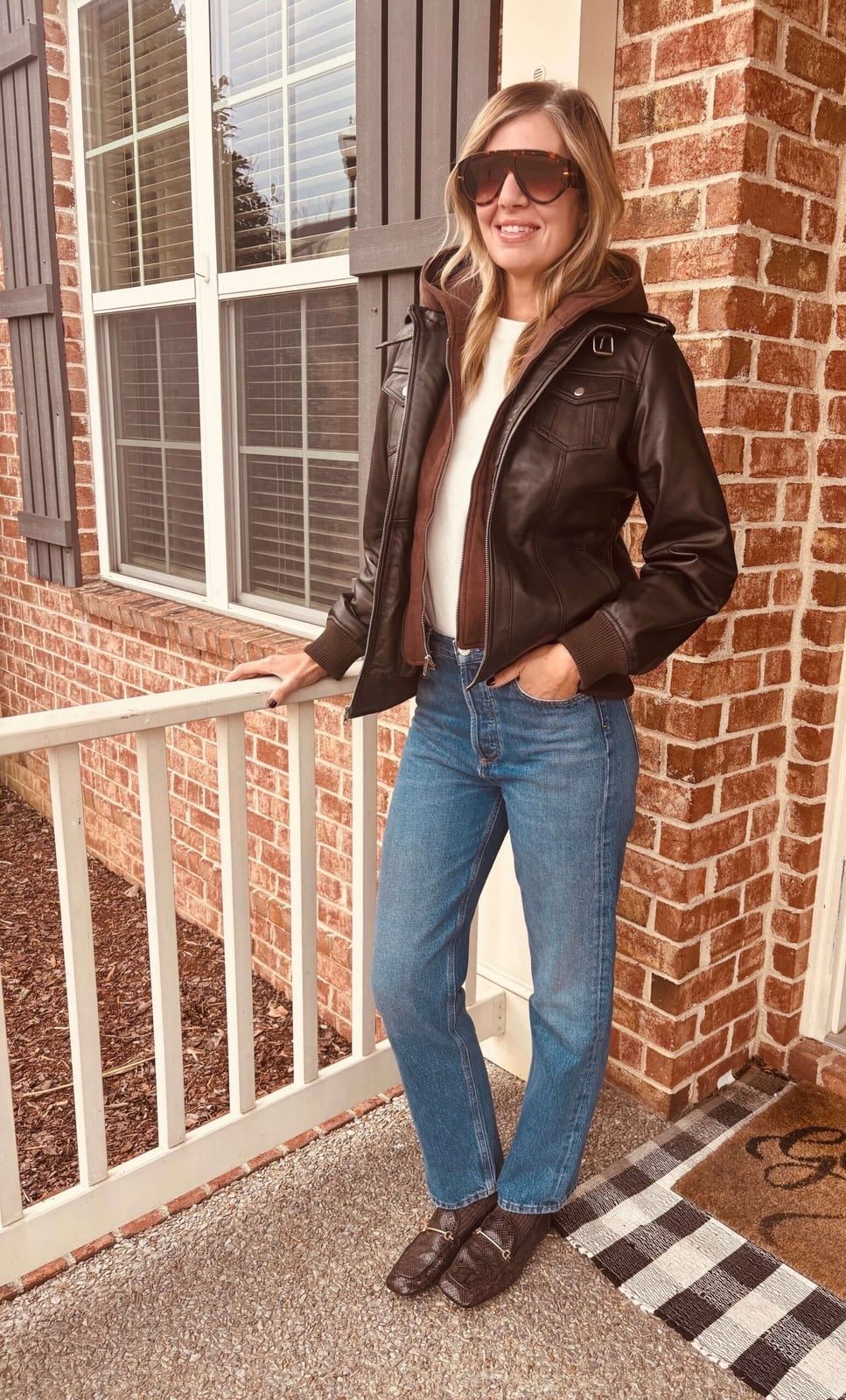 Oversized Brown Bomber Jacket With Hooded Sweatshirt — Classy Brown Leather Jacket Outfit