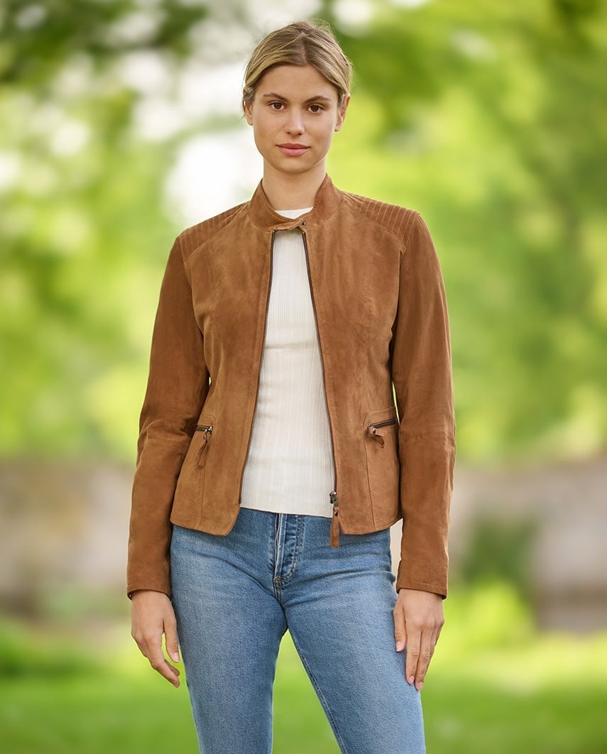 Brown Suede Jacket White Ribbed Knit, Close-Up Take — Classy Brown Leather Jacket Outfit