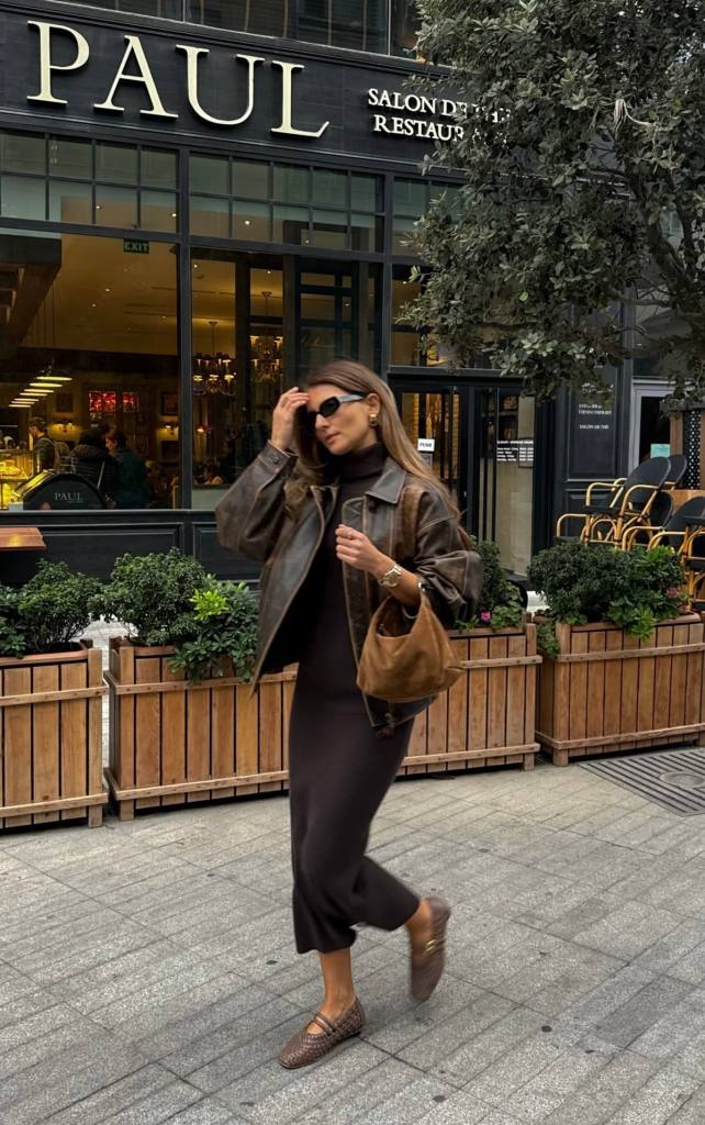 Classy Brown Leather Jacket Over Turtleneck Dress — Classy Brown Leather Jacket Outfit