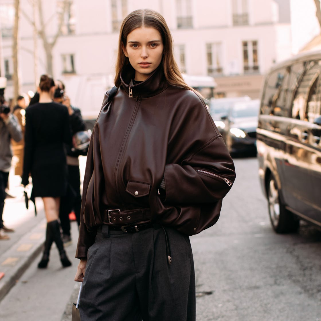 Brown Leather Jacket With Belt and Grey Trousers, Close-Up Take — Classy Brown Leather Jacket Outfit