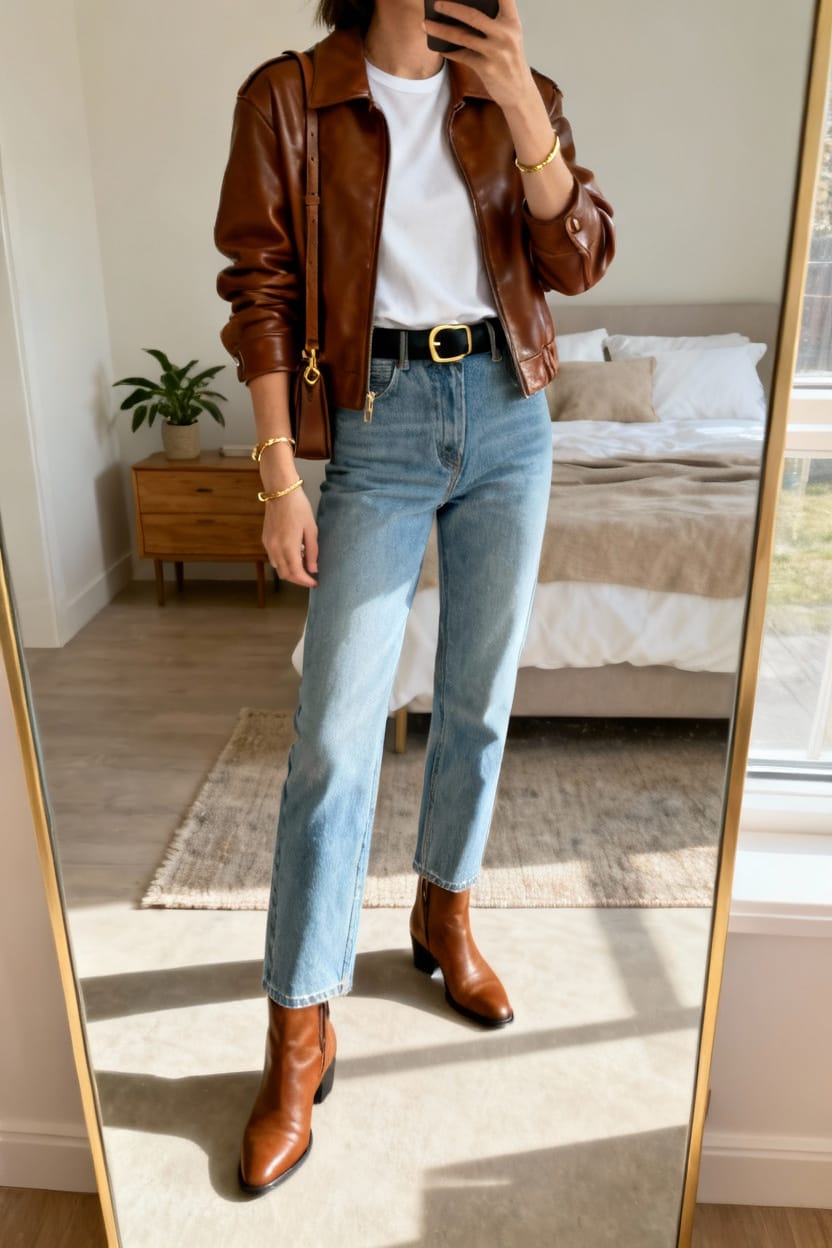 Brown Leather Jacket White T Shirt Blue Jeans, Office-Safe Version — Classy Brown Leather Jacket Outfit