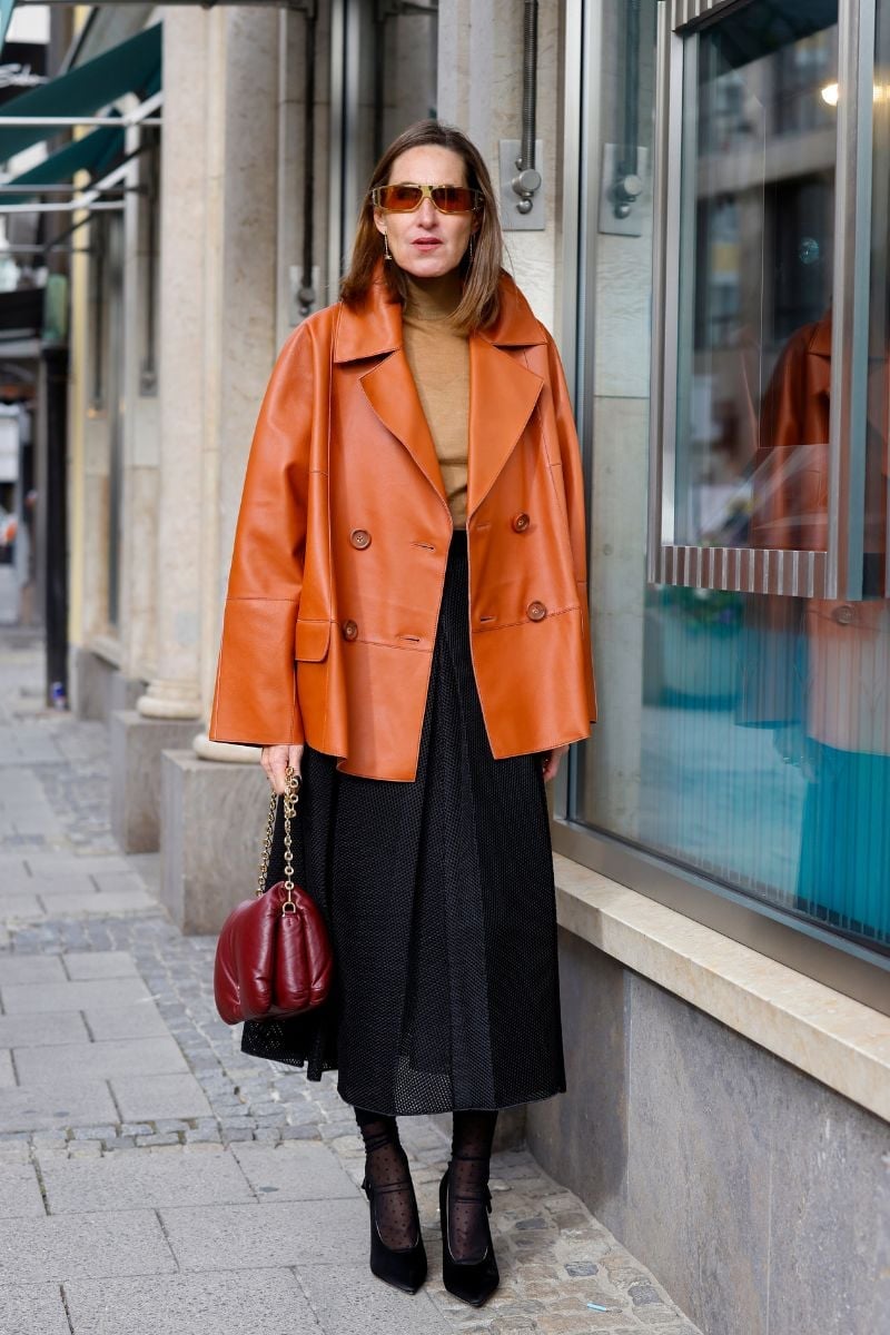 Orange Leather Jacket Camel Turtleneck Black Skirt, Close-Up Take — Classy Brown Leather Jacket Outfit