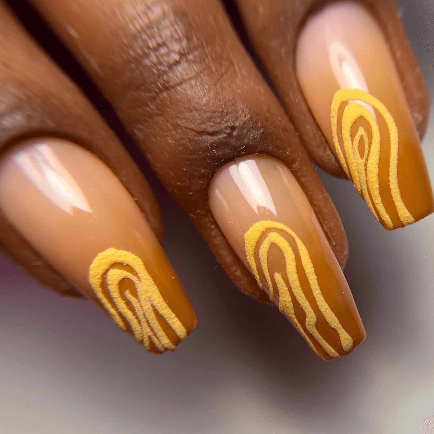 Long Square Brown Ombre with Yellow Spiral Long Square Brown Ombre with Yellow Spiral — Classy Brown Ombre Nails