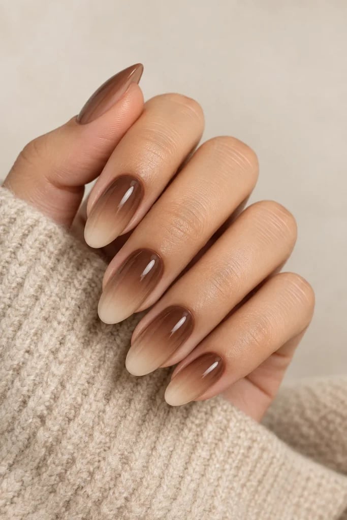 Glossy Medium Oval Brown Ombre Glossy Medium Oval Brown Ombre — Classy Brown Ombre Nails