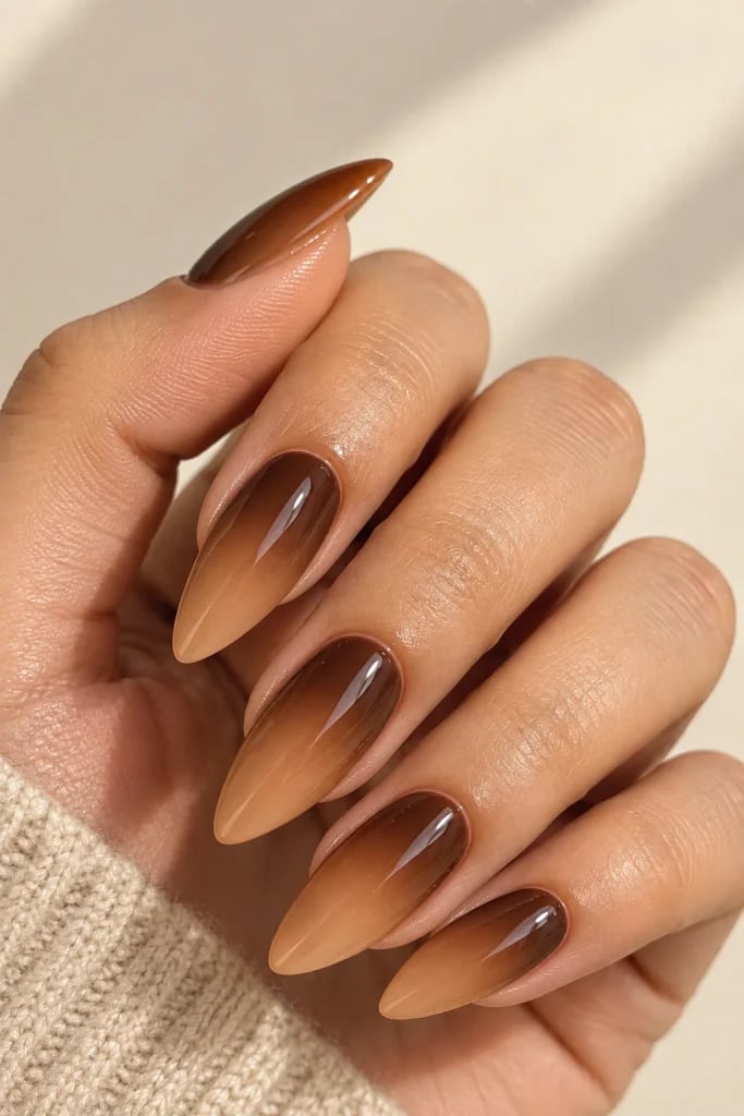 Medium Pointed Almond Brown Gradient Medium Pointed Almond Brown Gradient — Classy Brown Ombre Nails