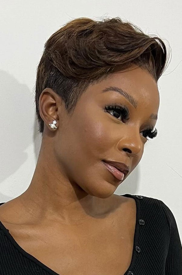 Soft Wavy Brown Pixie with Highlights — Classy Brown Pixie
