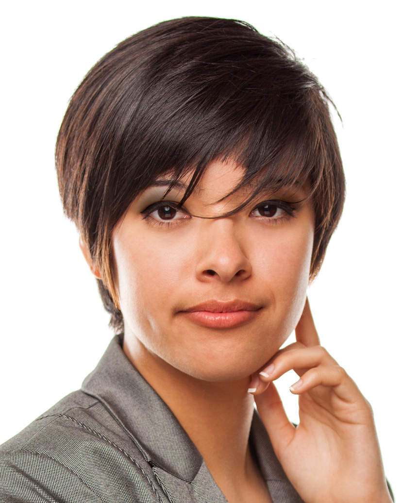 Smooth Dark Brown Pixie with Side Bangs, Ear — Classy Brown Pixie