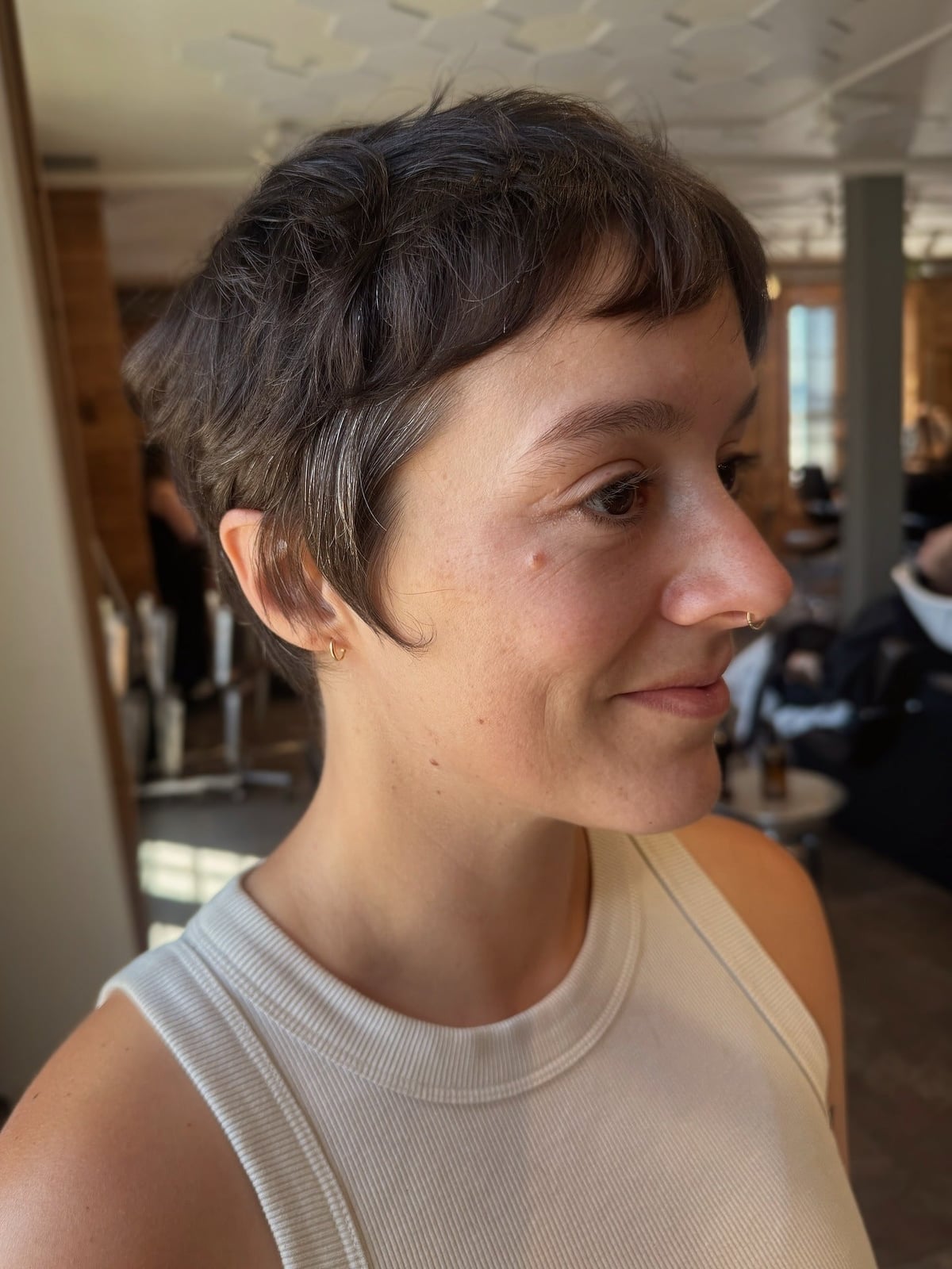 Piecey Medium Brown Pixie with Textured Bangs and Cut To Ear Length — Classy Brown Pixie
