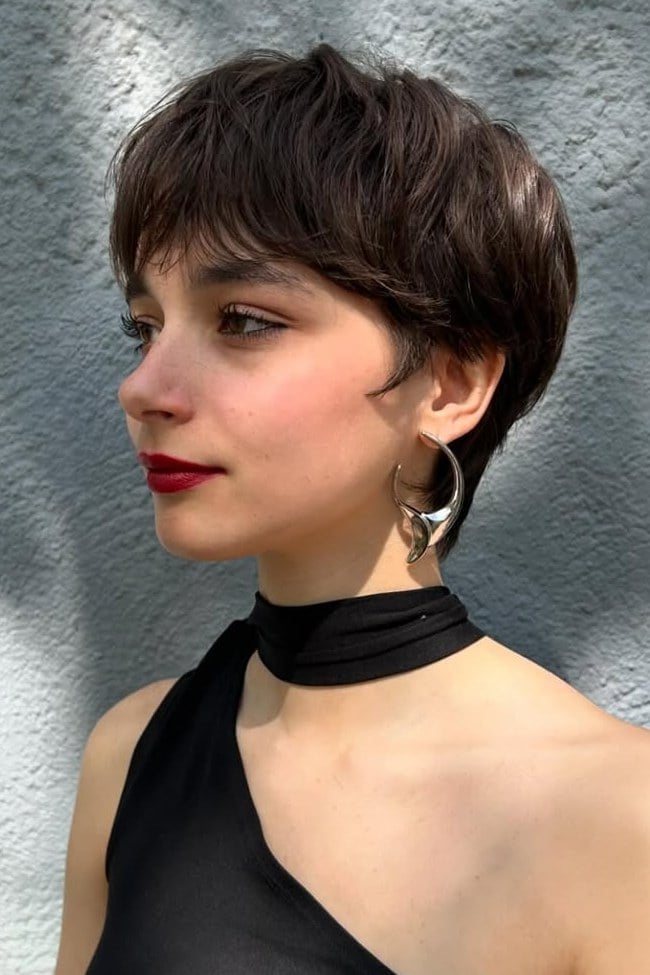 Sleek Dark Brown Pixie with Side Bangs — Classy Brown Pixie