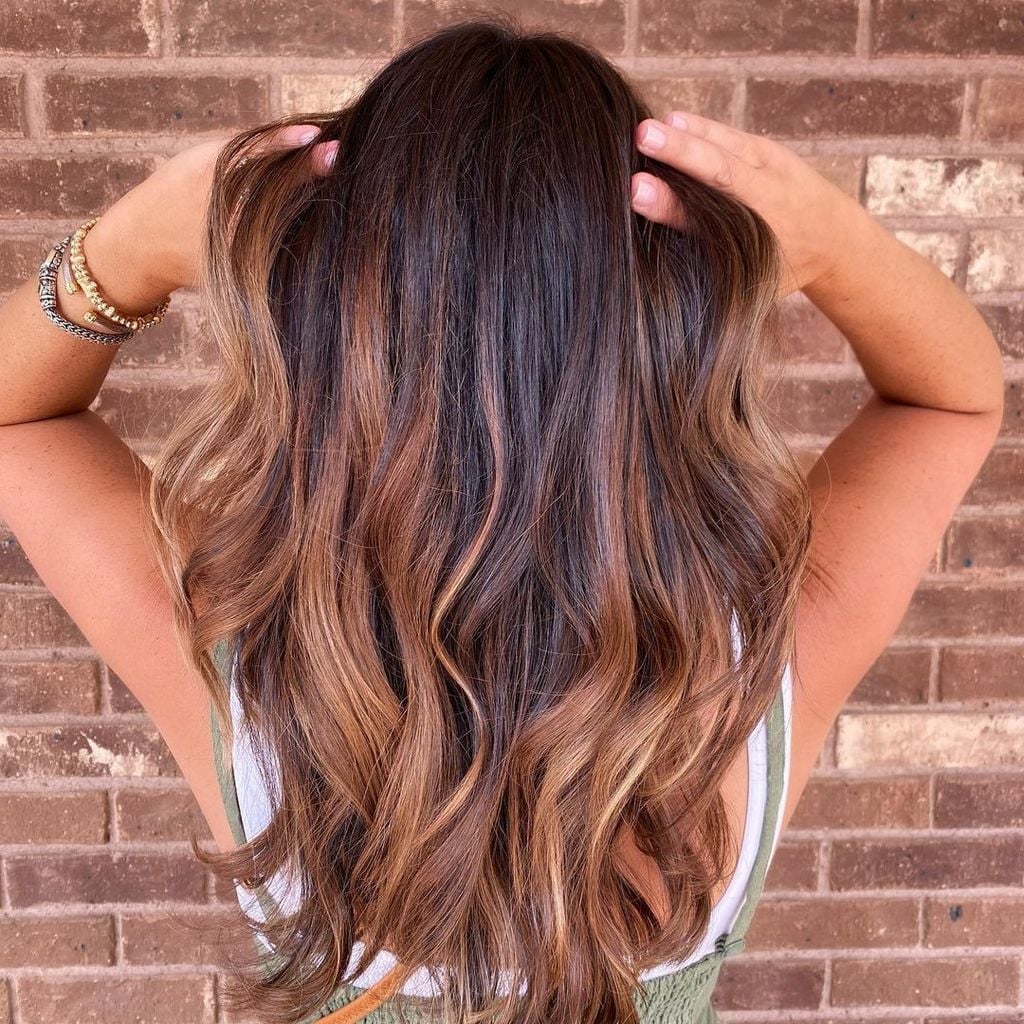 Brunette Collarbone With Blonde Balayage And Curtain Bangs — Classy Brunette Hair Colors