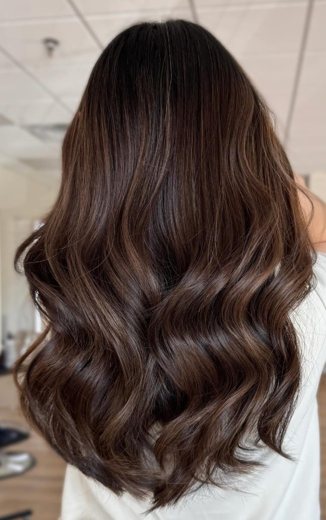 Rich Chocolate Brown Mid-Back With Caramel, Office-Safe Version — Classy Brunette Hair Colors