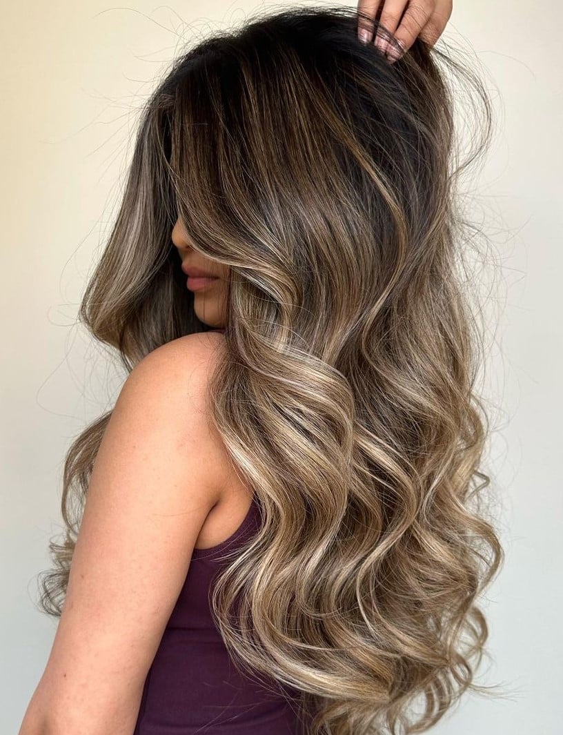 Dark Brown Mid-Back With Ash Blonde Balayage, Close-Up Take — Classy Brunette Hair Colors