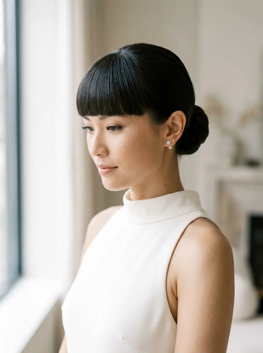 Sleek Low Bun With Blunt Bangs Sleek Low Bun With Blunt Bangs — Classy Bun and Bang