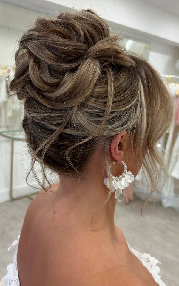High Braided Updo With Wispy Bangs High Braided Updo With Wispy Bangs — Classy Bun and Bang