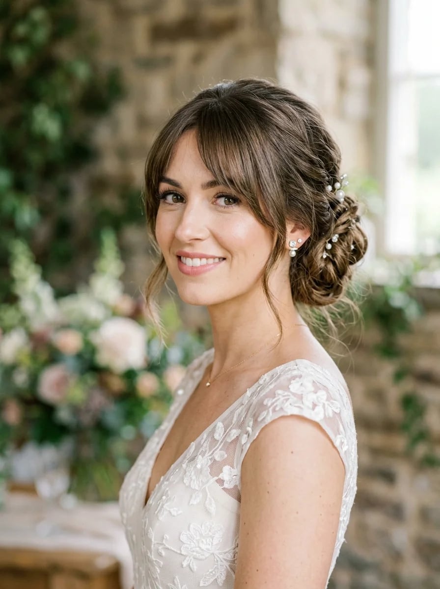 Intricate Braided Updo With Full Bangs Intricate Braided Updo With Full Bangs — Classy Bun and Bang